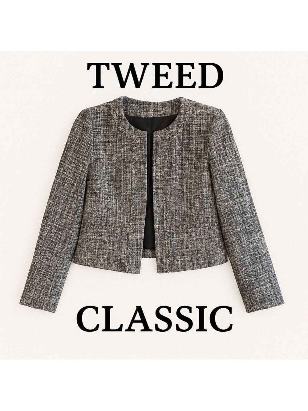 Studio by Liz Claiborne Tweed Fringe Open Front Jacket Blazer Size 6 Gray White